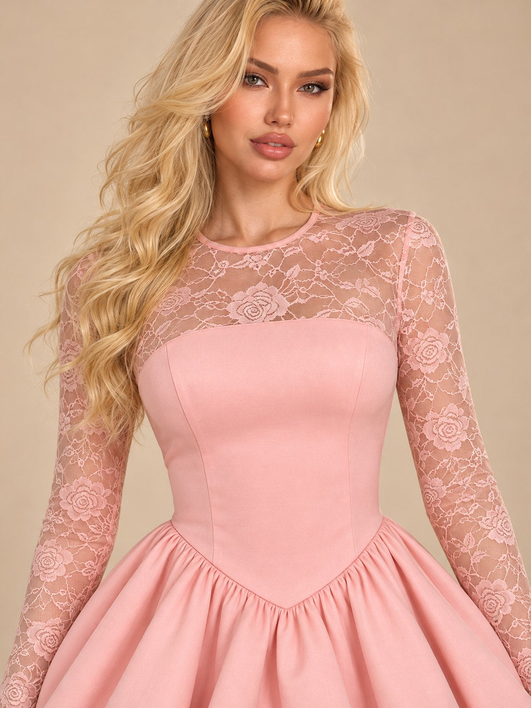 Pink Lace Long Sleeve Bubble Mini Dress for Party