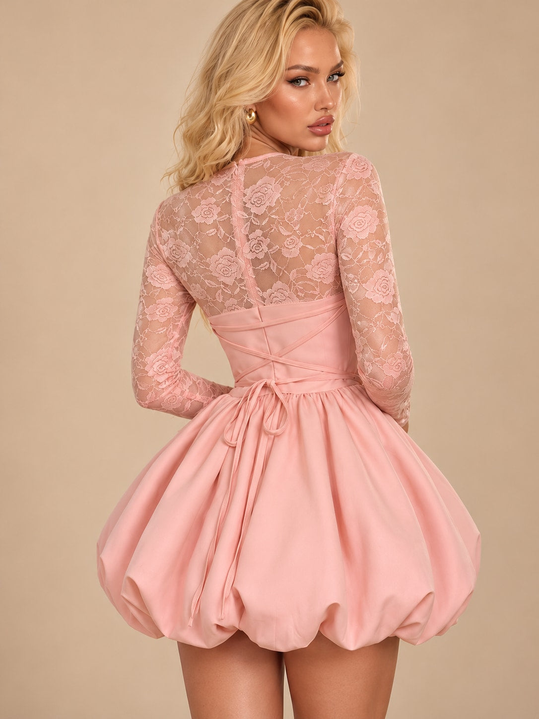 Pink Lace Long Sleeve Bubble Mini Dress for Party