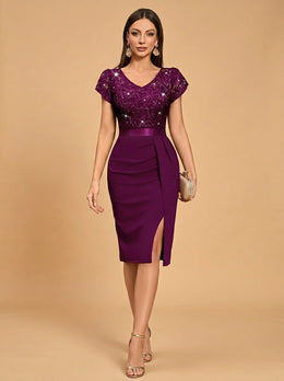 KoKodress Plum V-Neck Sequin Lace Short-Sleeve Midi Dress for Cocktail