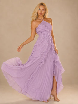 KoKodress Lavender Halter Pleated Ruffle Maxi Dress for Wedding Guest