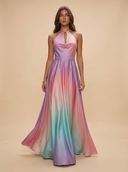 KoKodress Pastel Halter Keyhole Satin Maxi Dress for Wedding