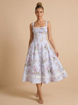 KoKodress Floral Square Neck Corset Midi Dress for Wedding Guest