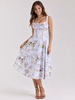 KoKodress Floral Square Neck Corset Midi Dress for Wedding Guest