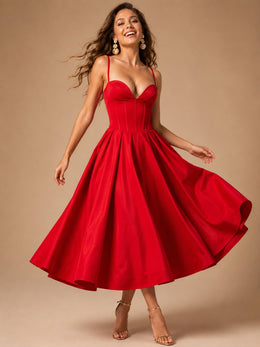 KoKodress Strapless Sweetheart Corset Pleated Midi Dress for Formal Events