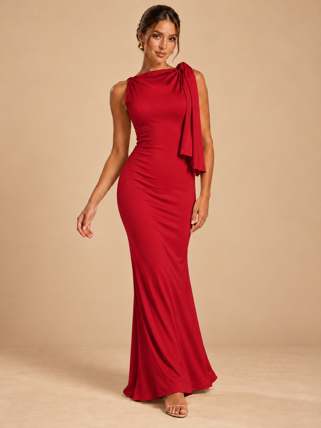 Red One-Shoulder Draped Maxi Dress for Formal Events