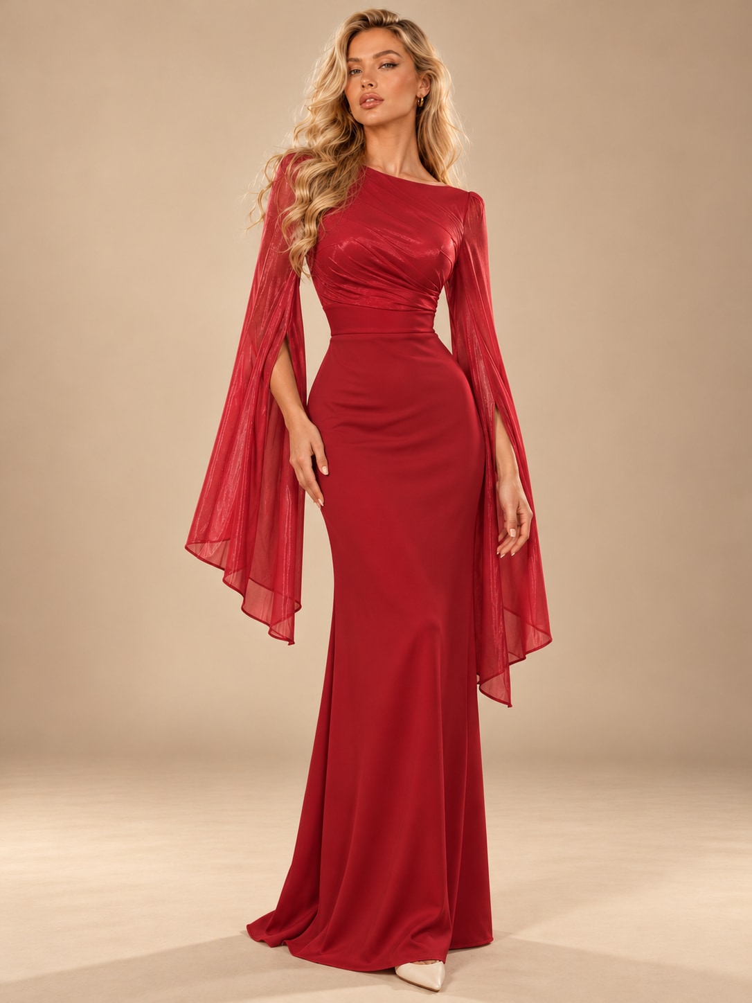Red Satin Cape Sleeve Maxi Dress for Weddings & Gala