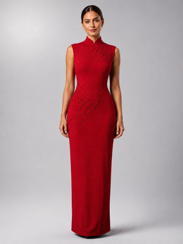 KoKodress Women’s Red Rose Hand-Embroidered Bridal Wedding Qipao Maxi Gown