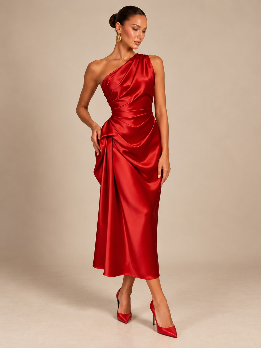 Red One-Shoulder Draped Satin Midi Dress for Weddings