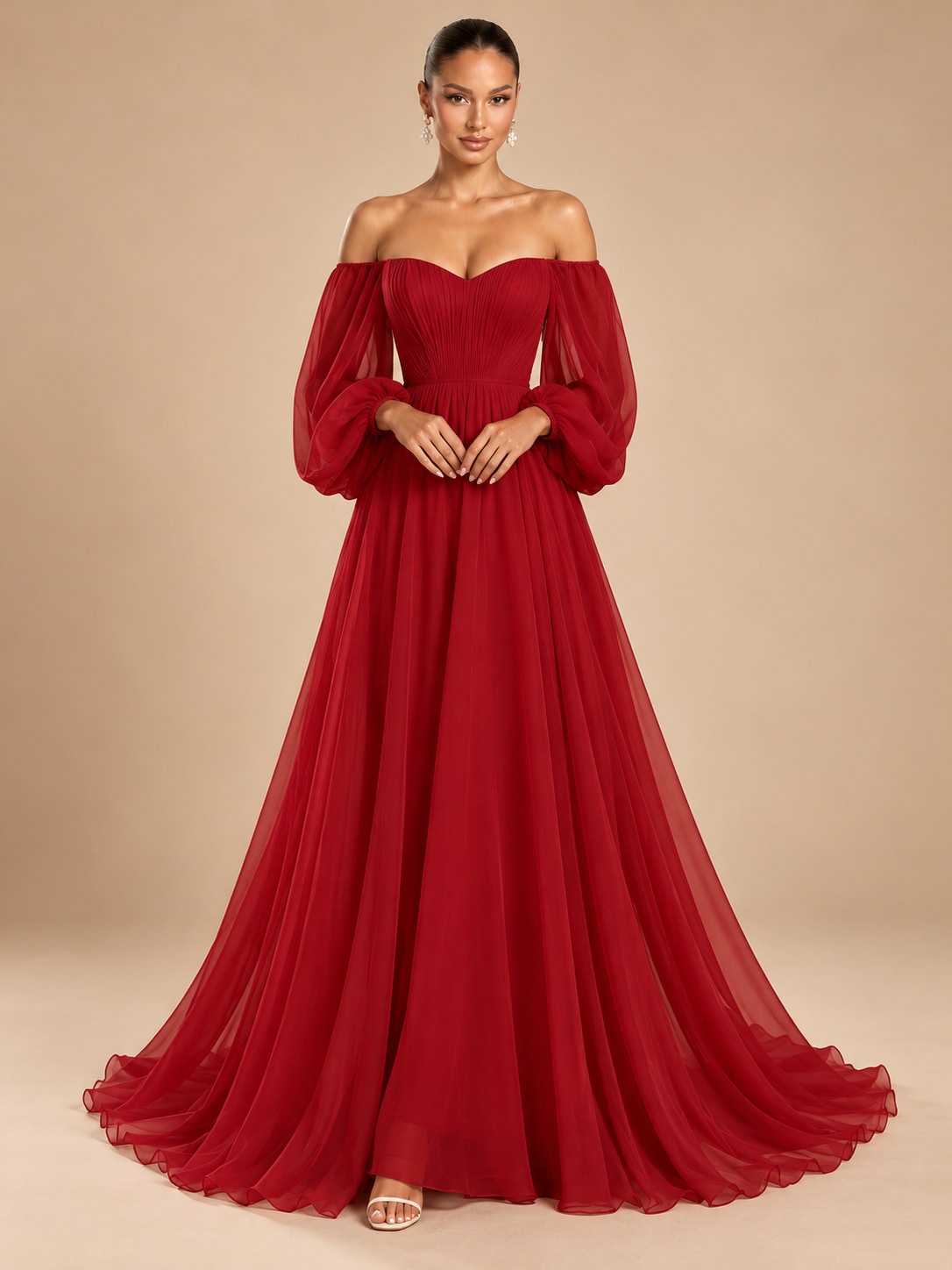 Red Off-Shoulder Puff Sleeve Gown for Weddings & Gala