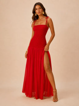 KoKodress Smocked Tie-Strap High Slit Maxi Gown for Wedding Guest