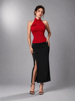 KoKodress Red Mandarin Collar Rose Two-Piece Evening Set