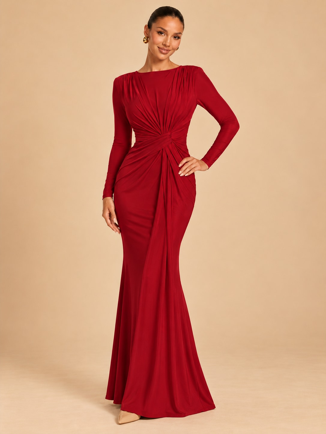 Red Long Sleeve Ruched Maxi Dress for Formal