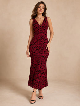 KoKodress V-Neck Floral Lace Sleeveless Midi Dress for Formal Occasions