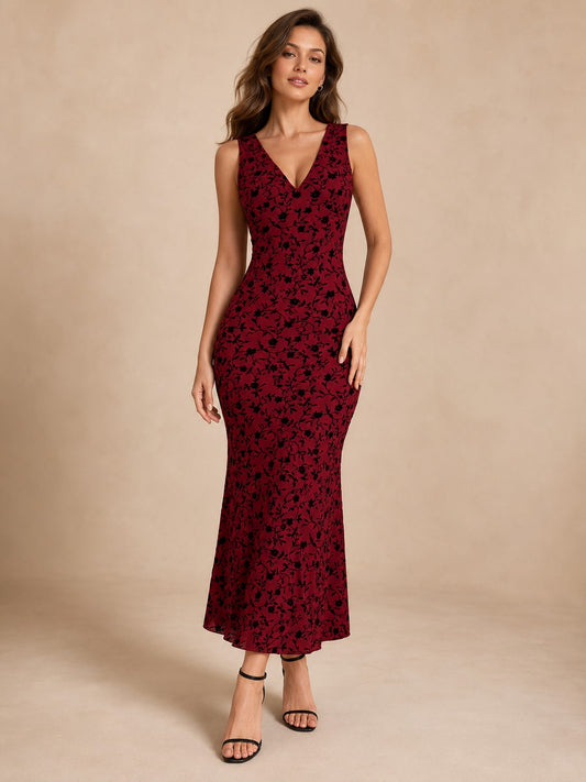 Red V-Neck Floral Lace Sleeveless Midi Dress for Formal Occasions