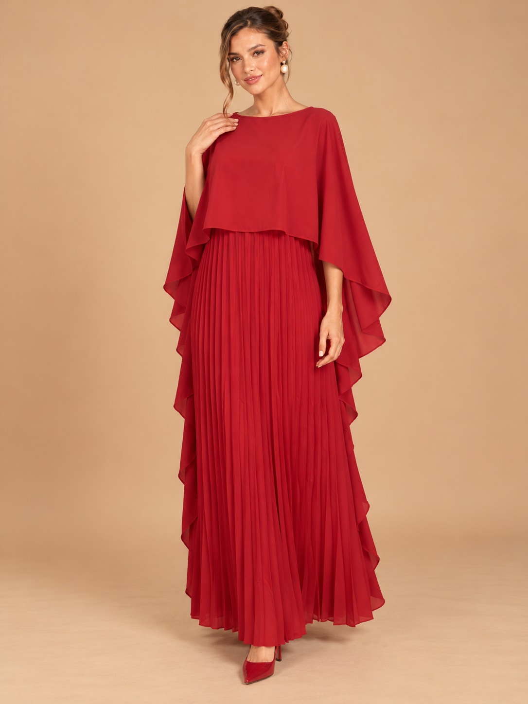 Red Pleated Cape Sleeve Maxi Dress for Weddings & Gala