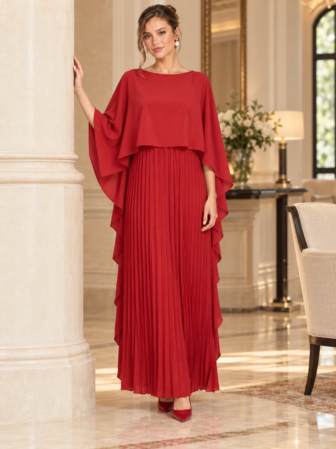 Red Pleated Cape Sleeve Maxi Dress for Weddings & Gala