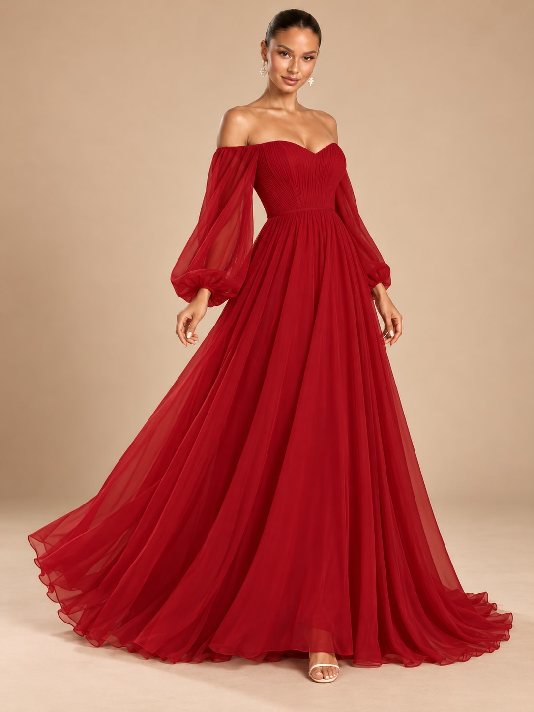 Red Off-Shoulder Puff Sleeve Gown for Weddings & Gala