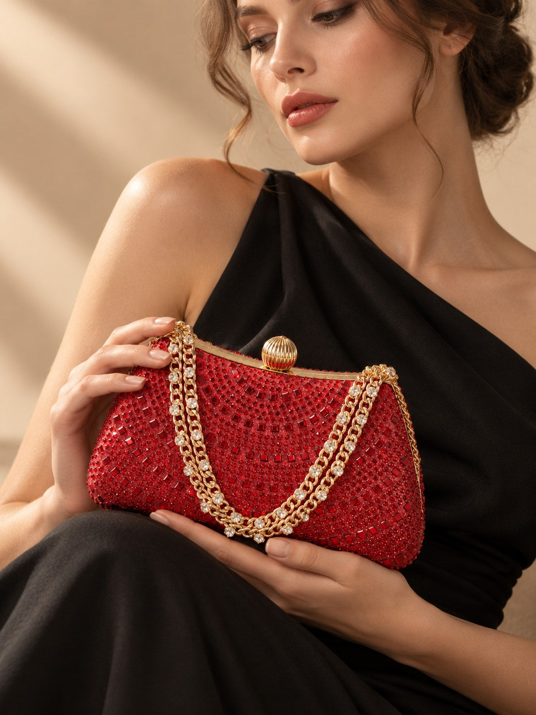 Red Dazzling Tone Rhinestone Clutch Evening Bag