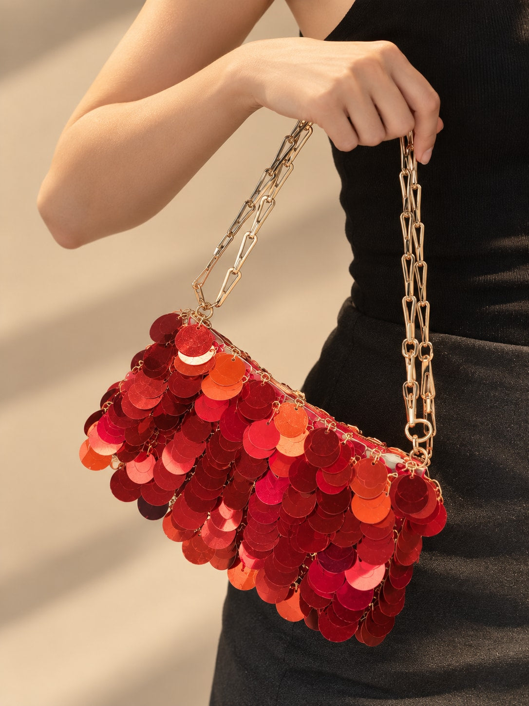 Red Glamorous Tone Sequin Disc Shoulder Bag for Parties