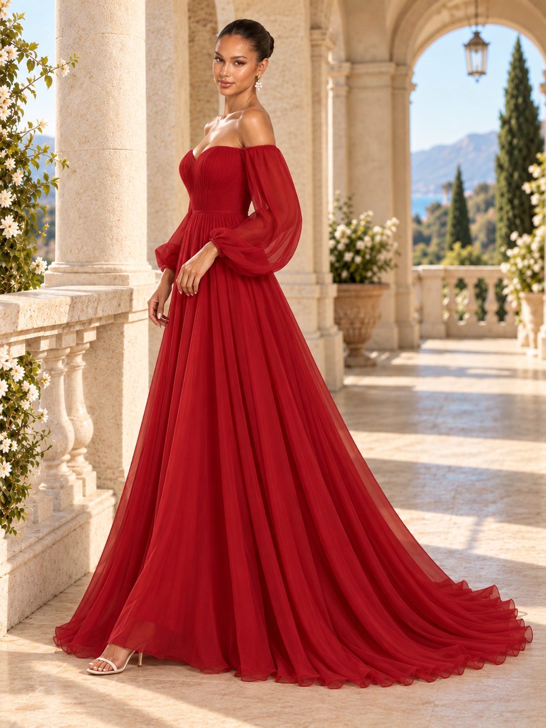 Red Off-Shoulder Puff Sleeve Gown for Weddings & Gala