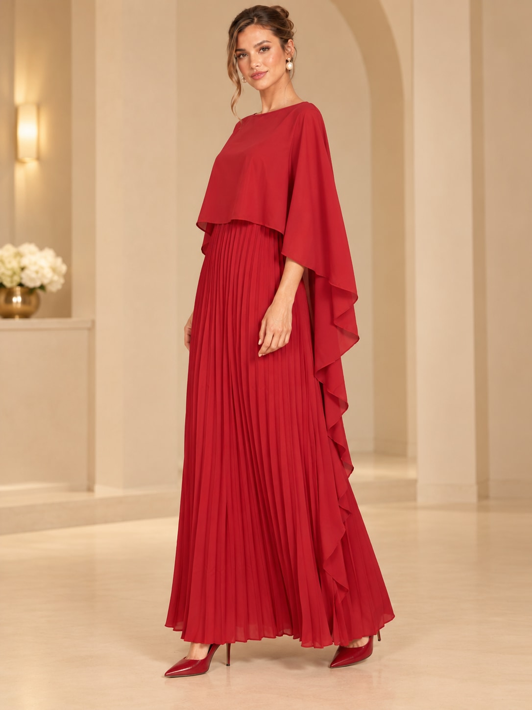 Red Pleated Cape Sleeve Maxi Dress for Weddings & Gala