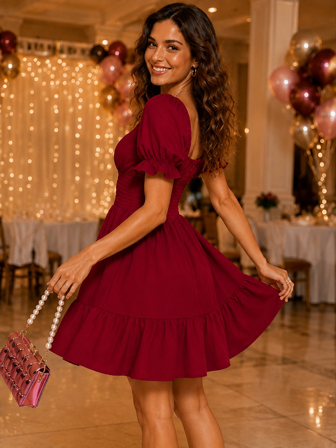 KoKodress Smocked Puff Sleeve Mini Dress for Vacation | Red-3.jpg