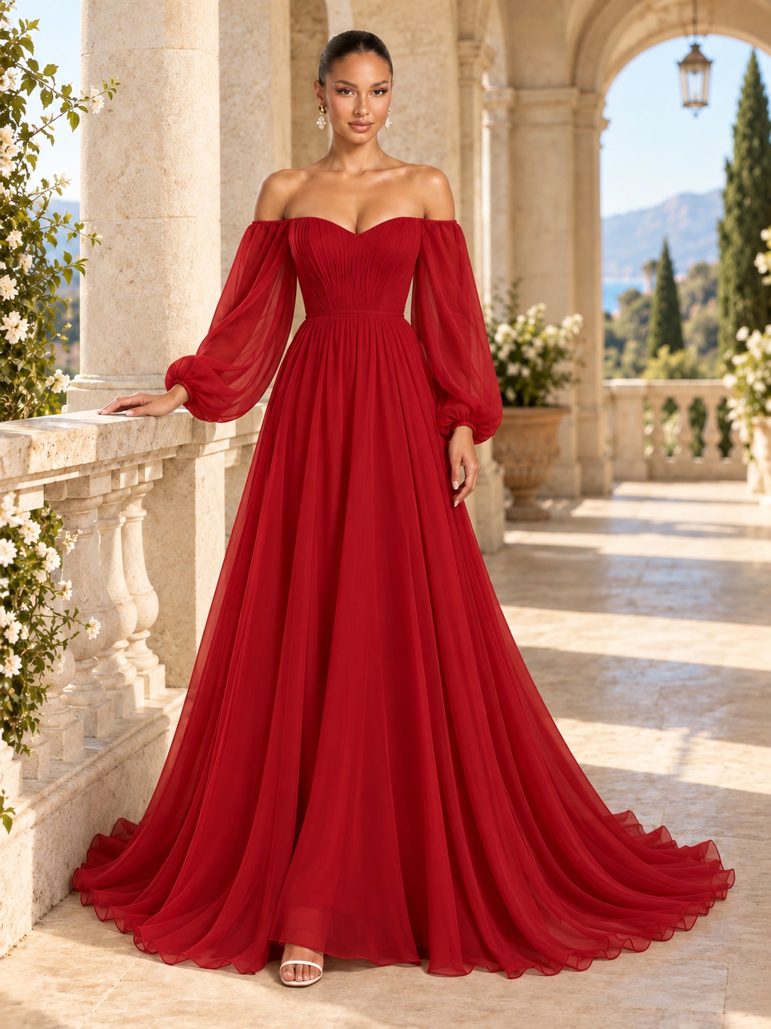 Red Off-Shoulder Puff Sleeve Gown for Weddings & Gala
