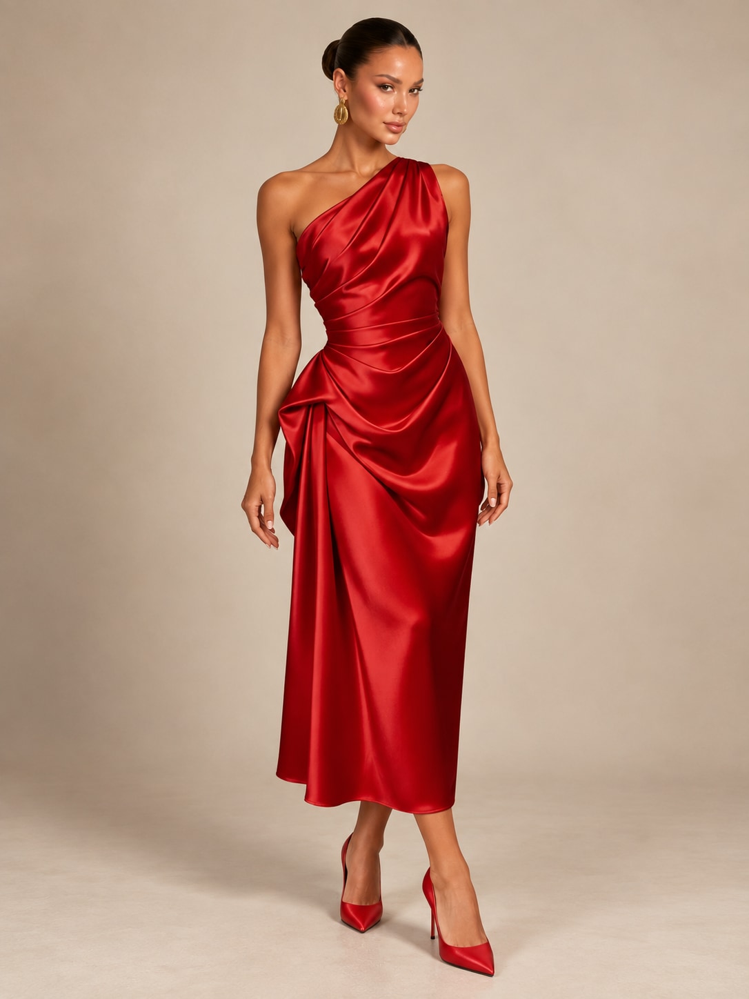 Red One-Shoulder Draped Satin Midi Dress for Weddings