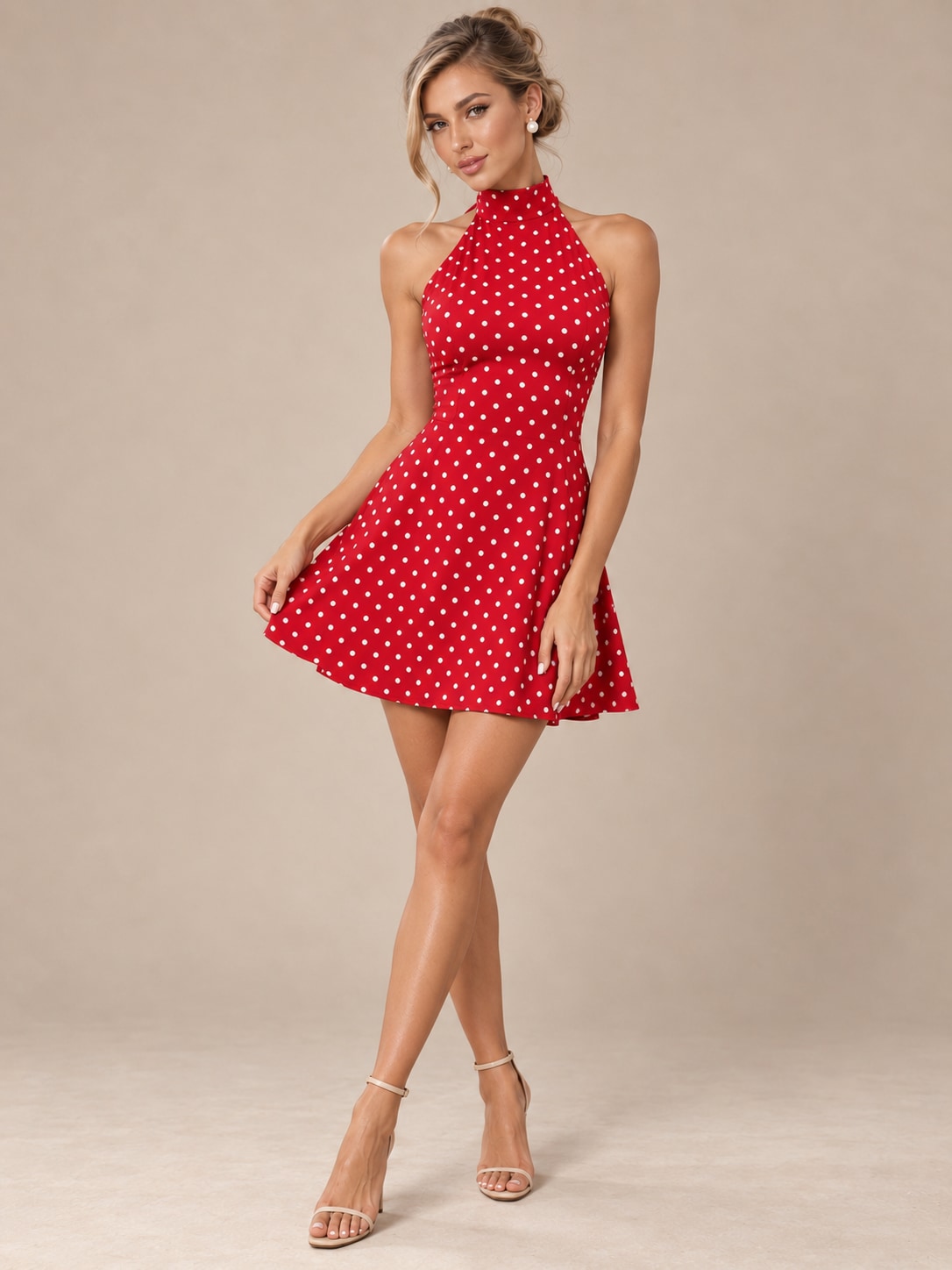 Red Polka Dot Halter Mini Dress for Party & Vacation