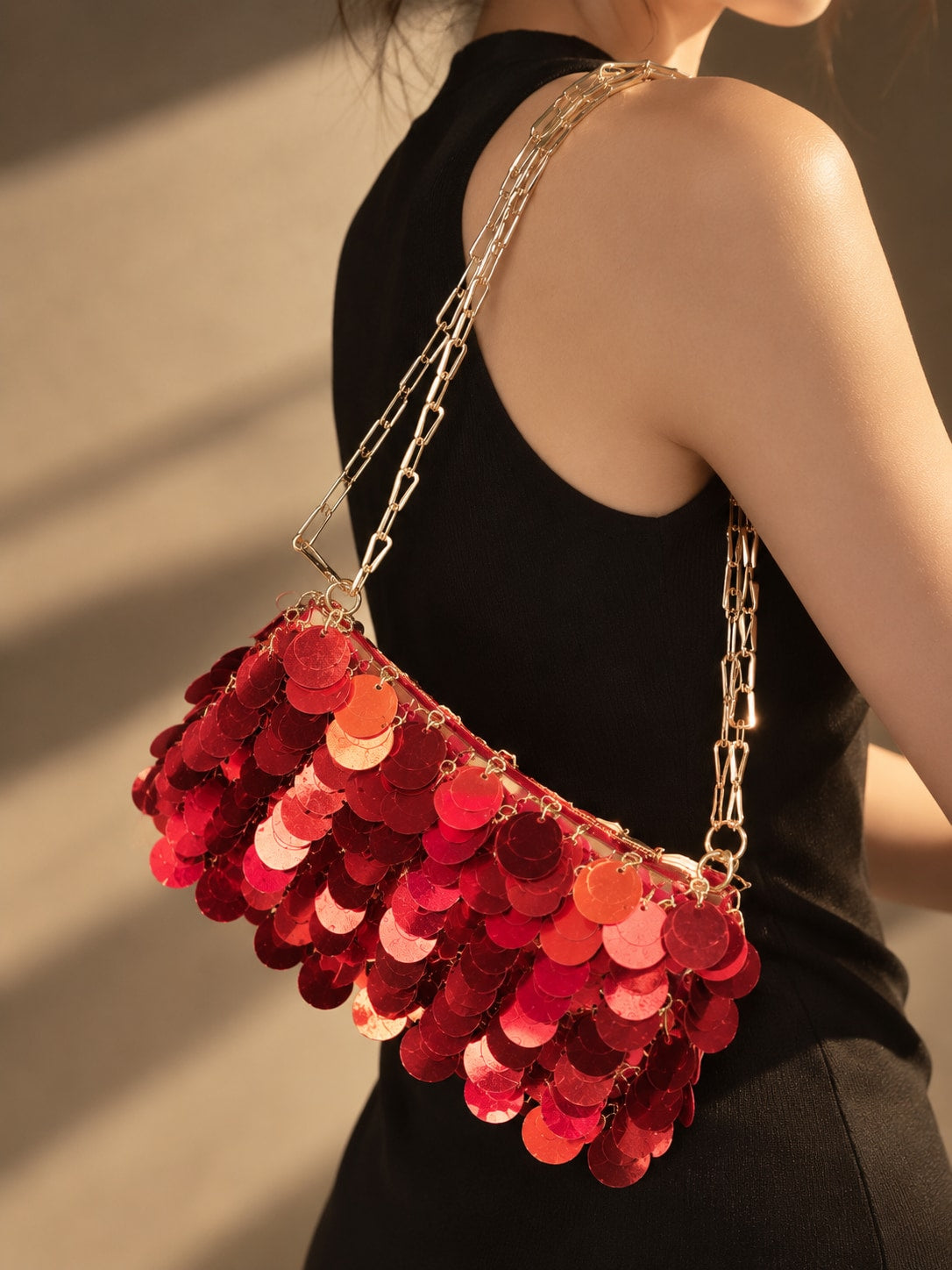 Red Glamorous Tone Sequin Disc Shoulder Bag for Parties