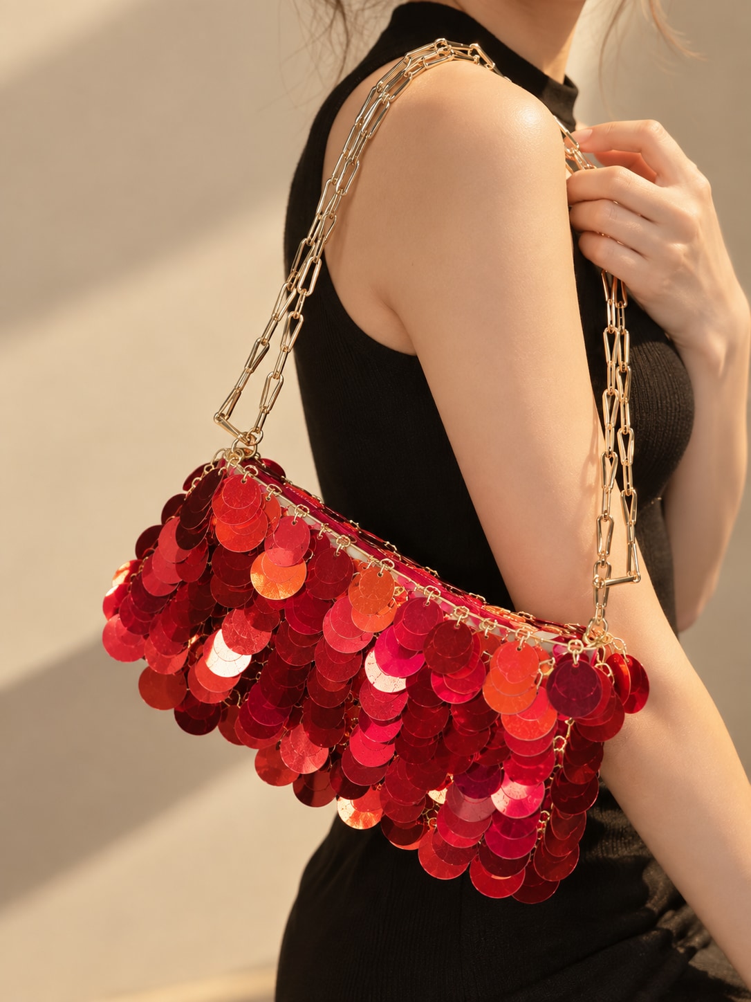 Red Glamorous Tone Sequin Disc Shoulder Bag for Parties