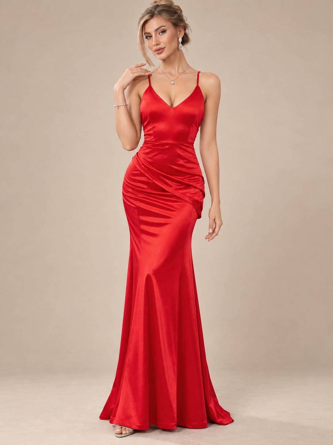 Red Satin Ruched Mermaid Maxi Dress for Formal Events