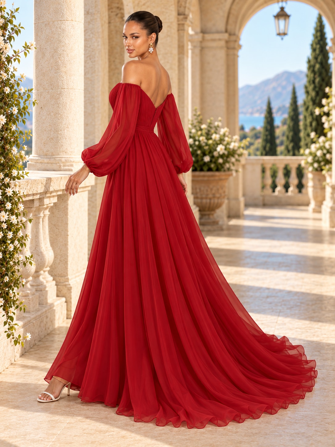 Red Off-Shoulder Puff Sleeve Gown for Weddings & Gala