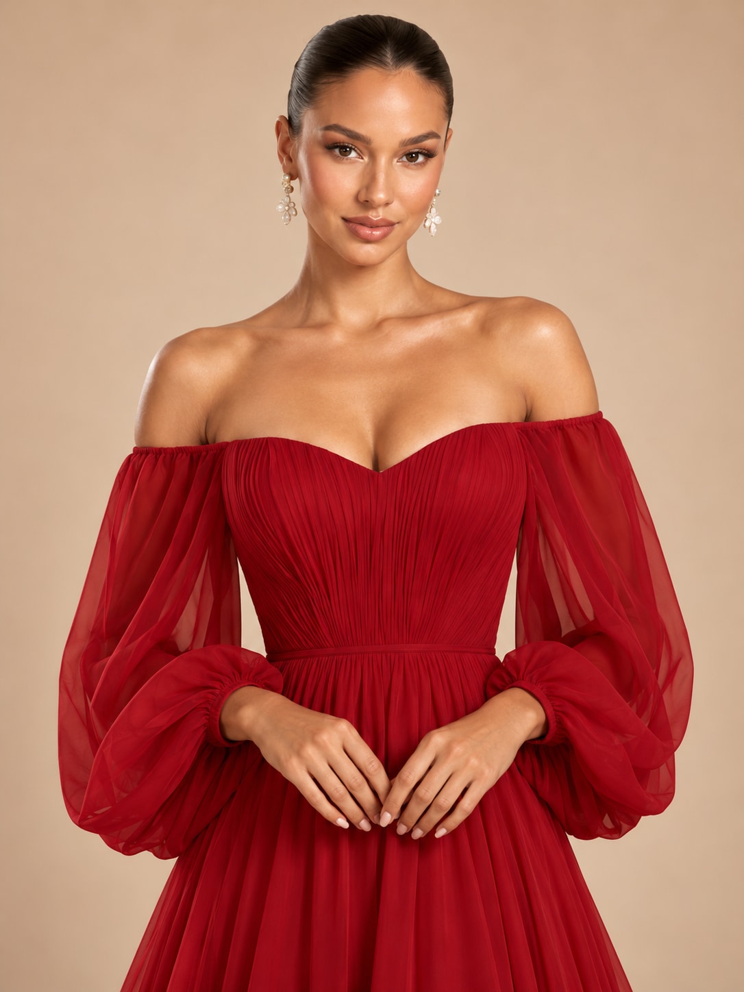 Red Off-Shoulder Puff Sleeve Gown for Weddings & Gala