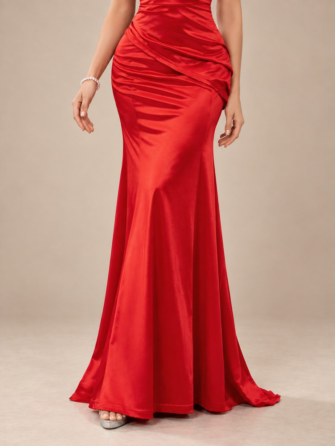 Red Satin Ruched Mermaid Maxi Dress for Formal Events