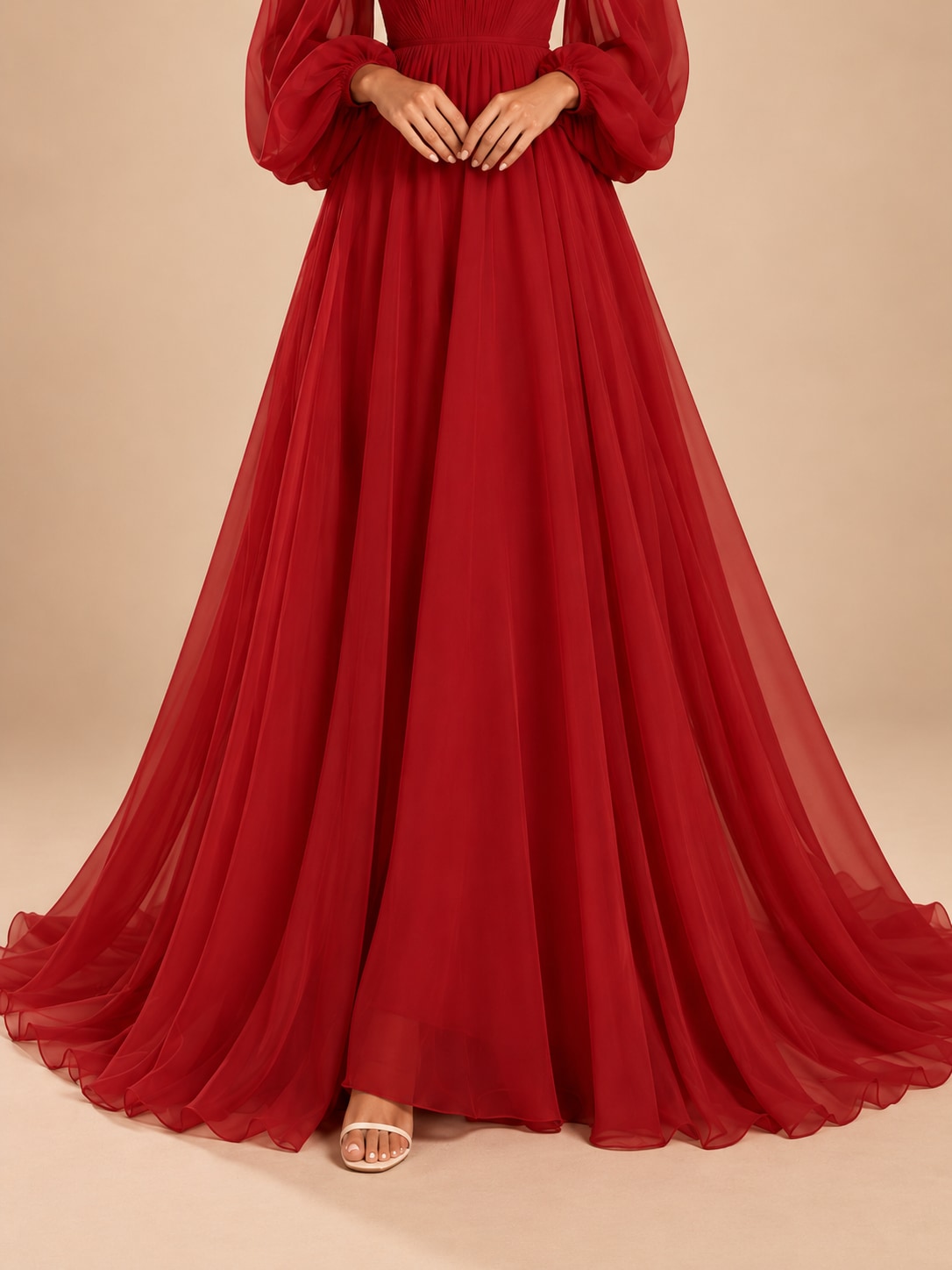 Red Off-Shoulder Puff Sleeve Gown for Weddings & Gala