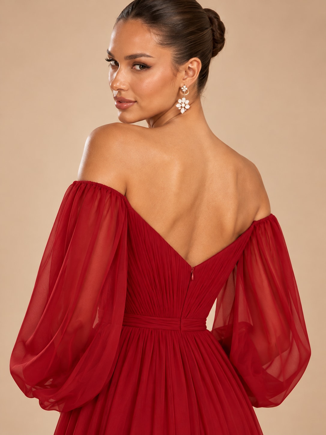 Red Off-Shoulder Puff Sleeve Gown for Weddings & Gala
