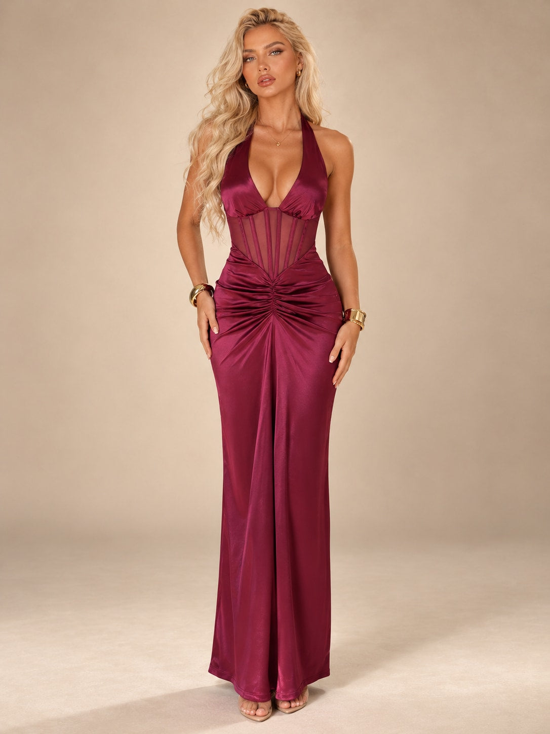 Rose Pink Burgundy Halter Mesh Corset Gown for Gala & Wedding