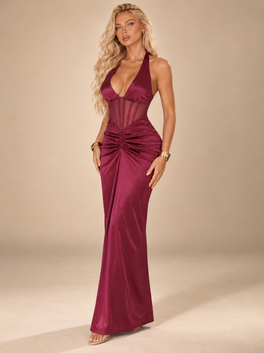 Rose Pink Burgundy Halter Mesh Corset Gown for Gala & Wedding