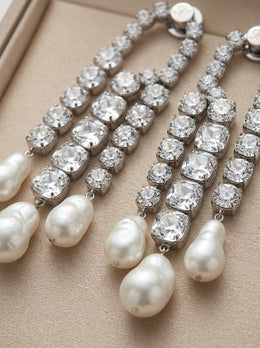 KoKodress Radiant Silver-Tone Crystal & Pearl Tassel Earrings Wedding