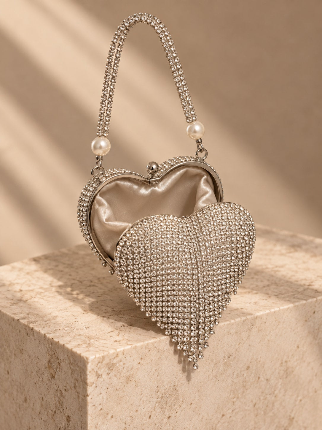 Silver Dazzling Gold-Tone Heart Rhinestone Mini Clutch