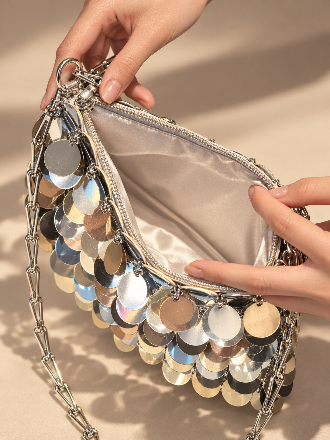 Silver Glamorous Tone Sequin Disc Shoulder Bag for Parties