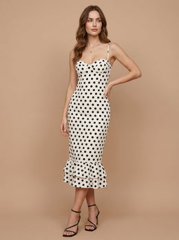 KoKodress Cream Polka Dot Strap Ruffle Midi Dress for Party