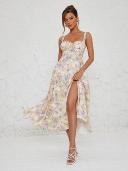 KoKodress Floral Corset Midi Dress for Brunchs, Vacations & Parties