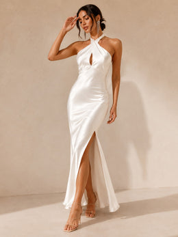 KoKodress Satin Halter Keyhole Slit Maxi Dress for Wedding Guest