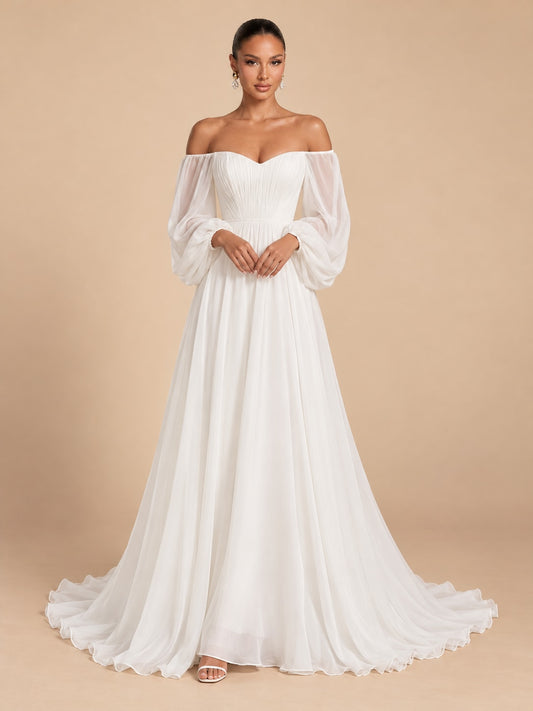 White Off-Shoulder Puff Sleeve Gown for Weddings & Gala