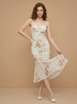 KoKodress Floral Ruched Sweetheart Midi Dress for Wedding Guest