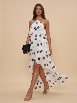 KoKodress Polka Dot Halter Ruffled High-Low Maxi Dress for Vacation
