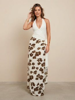 KoKodress White Halter Deep V-Neck Floral Maxi Dress for Vacation & Resort