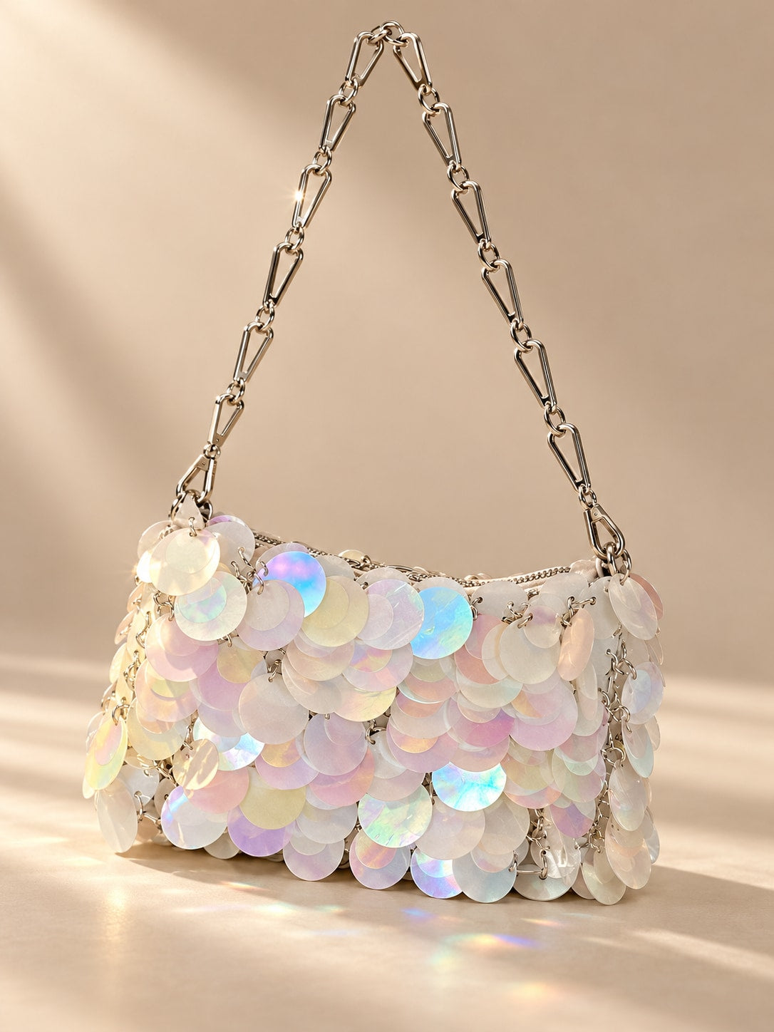White Glamorous Tone Sequin Disc Shoulder Bag for Parties